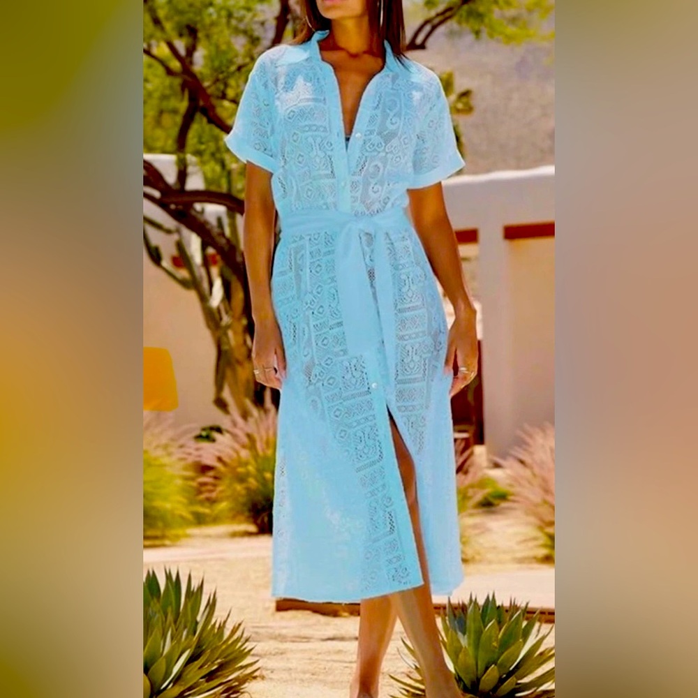 BECCA By Rebecca Virtue Crochet Collared Shirt Dress Coverup Blue NWT - M